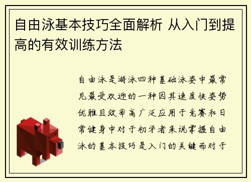 自由泳基本技巧全面解析 从入门到提高的有效训练方法