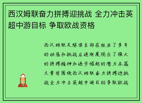 西汉姆联奋力拼搏迎挑战 全力冲击英超中游目标 争取欧战资格